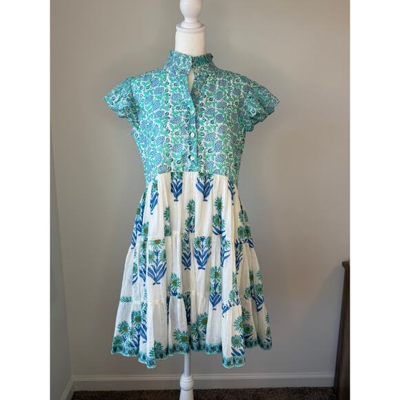 Lilbelle Dresses & Skirts - Lilbelle Blue Green Floral Block Print Tiered Mini Dress